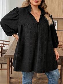 SHEIN CURVE+ 母親節休閒大尺碼印花燈籠袖純色紋理黑色上衣，2026年秋季 22W - 黑色 - 查看 7