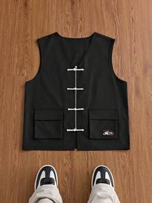 SWAVVY Chaleco para hombre con botones de rana, cremallera y bolsillo con parche - Negro - Ver 1