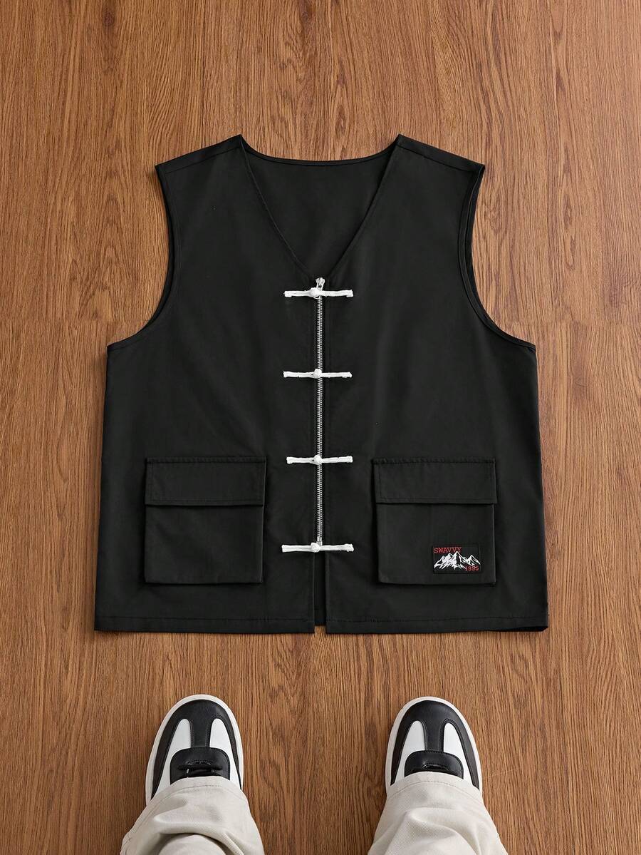 SWAVVY Chaleco para hombre con botones de rana, cremallera y bolsillo con parche - Negro - Ver 1