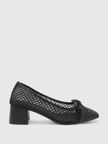 CUCCOO BIZCHIC Women's Fashion High-Heeled Shoes, Bow Stitching Mesh Rotund Heel Global Four-Season Commuting Elegant Foundation Festival Vacation Office Outdoor Daily Versatile Fall Shoes - Sunday night - View 2