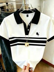 Flirla 大尺碼女款休閒拼色騎士印花T恤，Polo領百搭日常穿著 - 彩色 - 查看 3