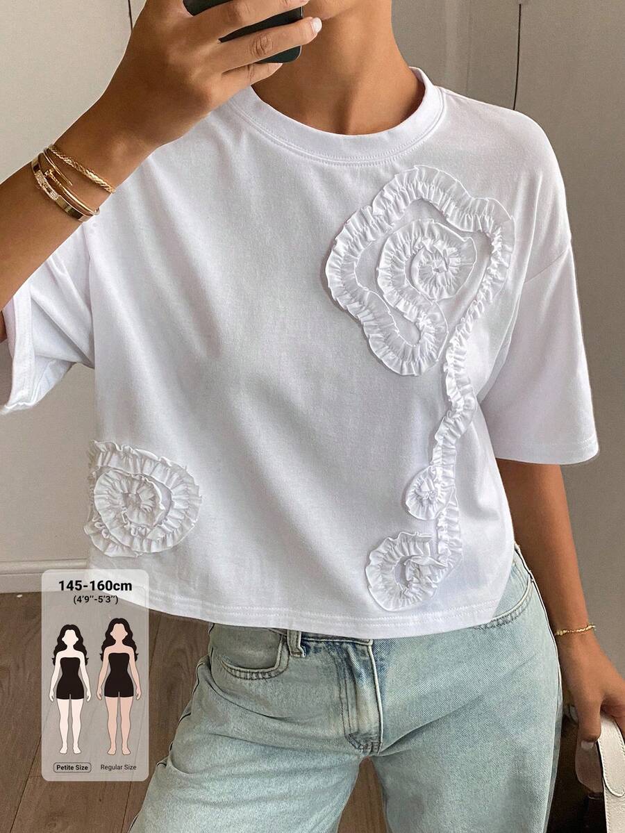 Livesso Petite Women's Summer Casual Solid Color 3D Floral Decor Cropped T-Shirt ,Petite Women - White - View 1