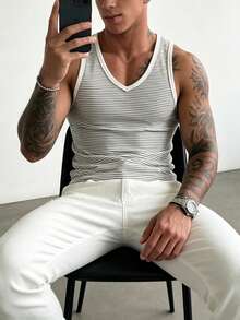 Manfinity Dauomo Men's Striped V-Neck Casual Versatile Tank Top - White - View 6
