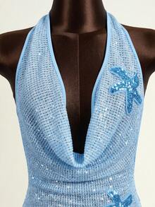 SHEIN Swim 女款亮片海星貼花垂領披肩式罩衫洋裝 - 淺藍色 - 查看 6