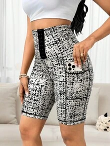 SHEIN Lady 女款健身運動短褲 辦公室健身穿著 黑白格紋 夏季運動休閒風 - 黑色 - 查看 5