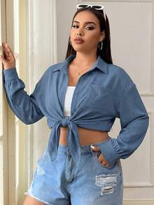 SHEIN EZwear 大尺碼女款素色休閒百搭日常出遊襯衫 - 霧霾藍 - 查看 3