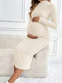SHEIN 孕婦純色立領長袖修身羅紋針織洋裝 - 杏色 - 查看 4