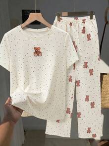 Comfortcana 女款波點熊圖案休閒兩件套，秋季冬季套裝，女款居家服可愛寵物圖案T恤與長褲套裝 - 彩色 - 查看 5