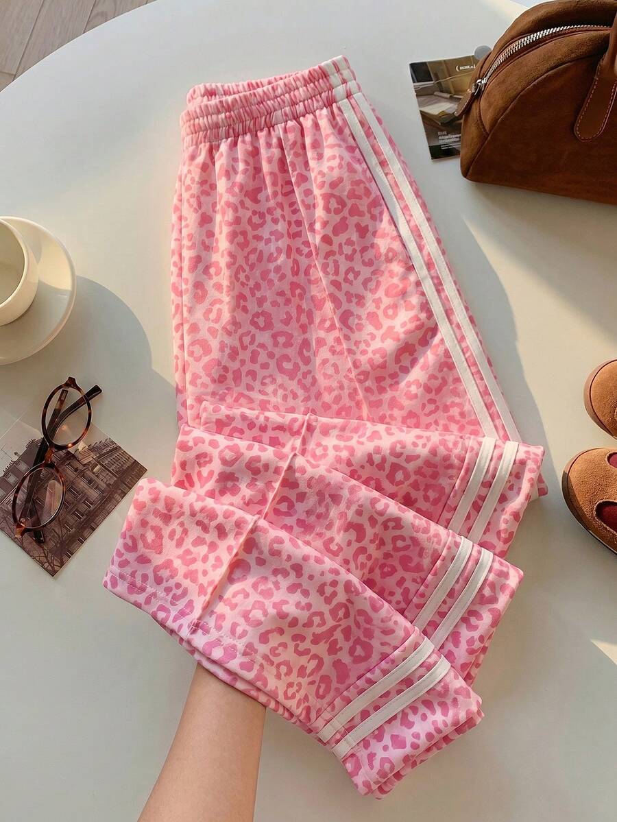 Comfortcana Women's Casual Colorblock Striped Wide Leg Sweatpants, Suitable For Summer, Spring, Autumn Wear, Cream Yellow Wide Leg Pants - Pink - View 1
