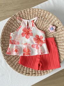 SHEIN Playful Pals 2件組女嬰幼兒/新生兒0-3歲春夏多巴胺熱情色度假外出細肩帶上衣+短褲套裝嬰兒春夏服飾 - 紅色 - View 2