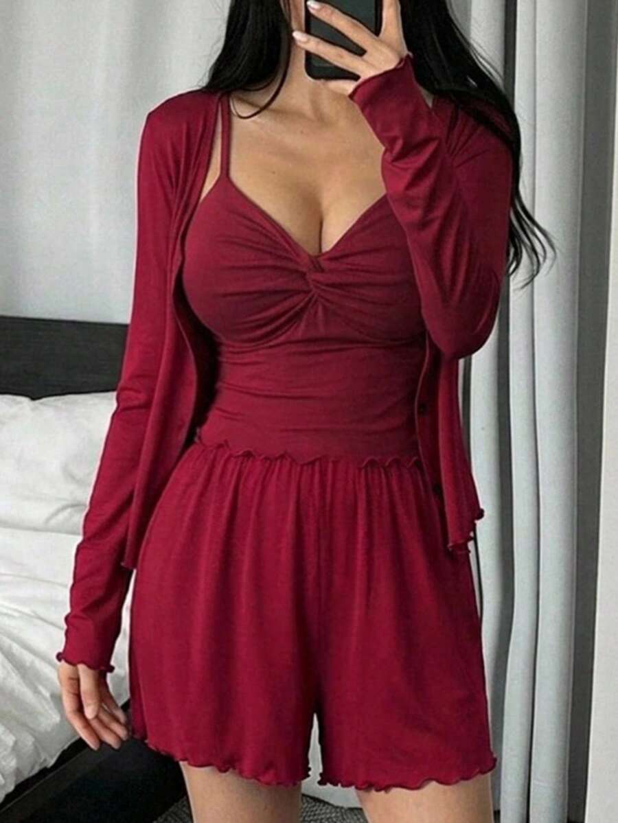 DAZY Women's 3-Piece Solid Color Knit Twisted Design Camisole Cardigan And Pants Loungewear Set, Autumn - Red - View 1