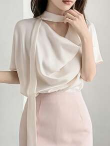 DAZY Women's Summer Elegant French Solid Color Cowl Neck Blouse Teachers' Day Brunch Office Tea Party Off-White - White - View 3