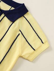 SHEIN 2pcs Kids Young Boy Summer Autumn Casual Yellow Striped Polo Knit Top And Striped Knit Shorts Sweater Set Polo Set Boys Outfit Summer Set Striped Set - Multicolor - View 5