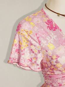 SHEIN ICON 大尺碼女款前綁帶短袖休閒碎花洋裝 - 粉色 - 查看 7