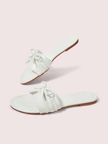 CUCCOO DOLLMOD Nya franska sagostils-sandaler för kvinnor med mjuk rosett och öppen tå, små toffelsandaler - Beige - Visa 3