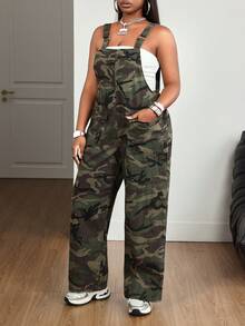 Jeanoix Plus Size Denim Camouflage Cargo Pocket Drawstring Jumpsuit Pants - Multicolor - View 4