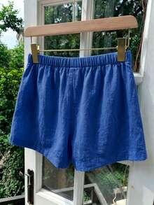 SHEIN Shorts casuales de unicolor con cintura con cordón para uso diario versátil para niñas preadolescentes - Azul - Ver 2