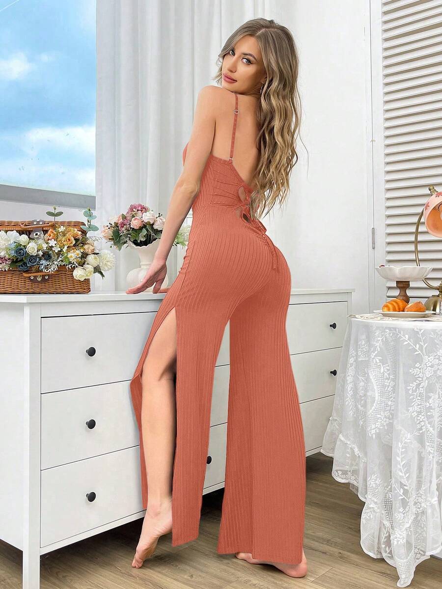 DUSKBASE Women's Solid Color Split Design Casual Daily Wear Home Camisole Jumpsuit - Brown - View 1