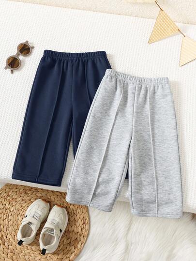 SHEIN 2pcs Baby Boy Baby Girl Grey Black Autumn/Winter Fleece Thickened Loose Wide Leg Pants With Contrast Waist Drawstring, All-Match Versatile Korean Style For School, Home, Outings, Fashion