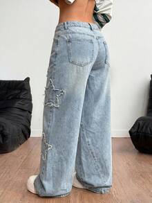 Coolane Women's Rapper Athleisure Grunge Star Pattern Washed Jeans - Light Wash - View 2