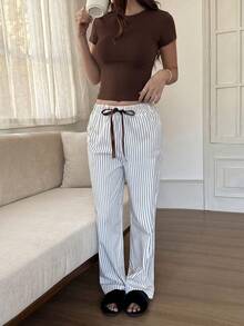 Dream Adore Women's Solid Color Round Neck Short Sleeve Top And Chocolate Brown Black And White Drawstring Long Pants Pajama Set 2 Pieces Lounge Summer Casual - Brown - View 6