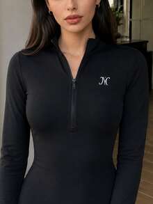 Solavon Women's Stand Collar Half-Zip Slim Fit Long Sleeve T-Shirt - Black - View 7