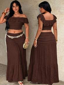 Rustia Summer French Minimalist Sexy Style White Set, Ruffle Hem Sexy Short Top + Casual Versatile Skirt, Casual Sexy Style 2 Pieces Set, Suitable For Summer Vacation - Coffee Brown - View 5