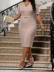 SHEIN Lady Plus Size Summer Elegant Solid Color Fitted Dress - Pink - View 6