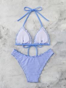 SHEIN Swim 女款夏季藍白條紋印花性感海濱風細肩帶蝴蝶結比基尼兩件式泳衣海灘派對度假套裝 - 藍色 - 查看 2