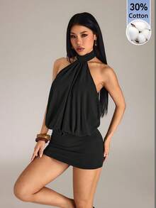 SHEIN PETITE 高領掛脖露背迷你洋裝，棉混紡舒適，適合嬌小女性 - 黑色 - 查看 4