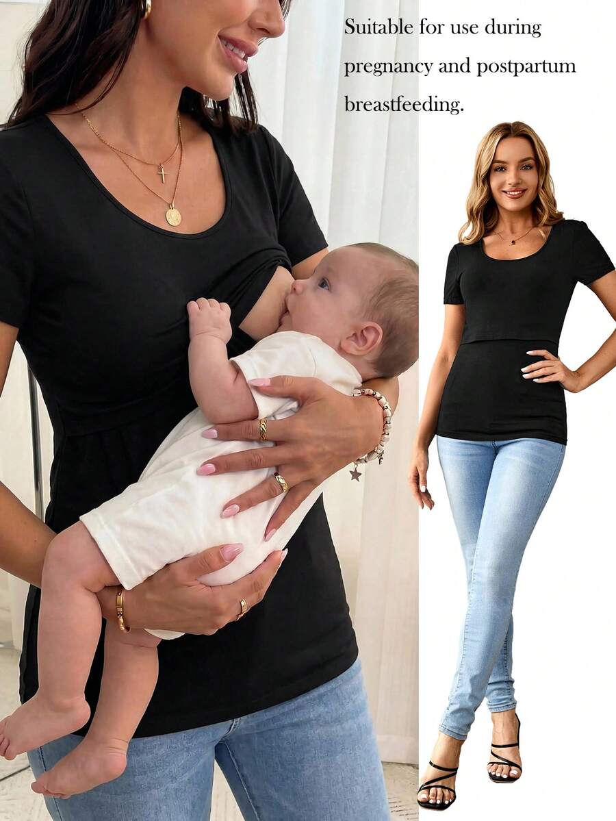 SHEIN 孕婦大圓領素色哺乳T恤 - 黑色 - 查看 1