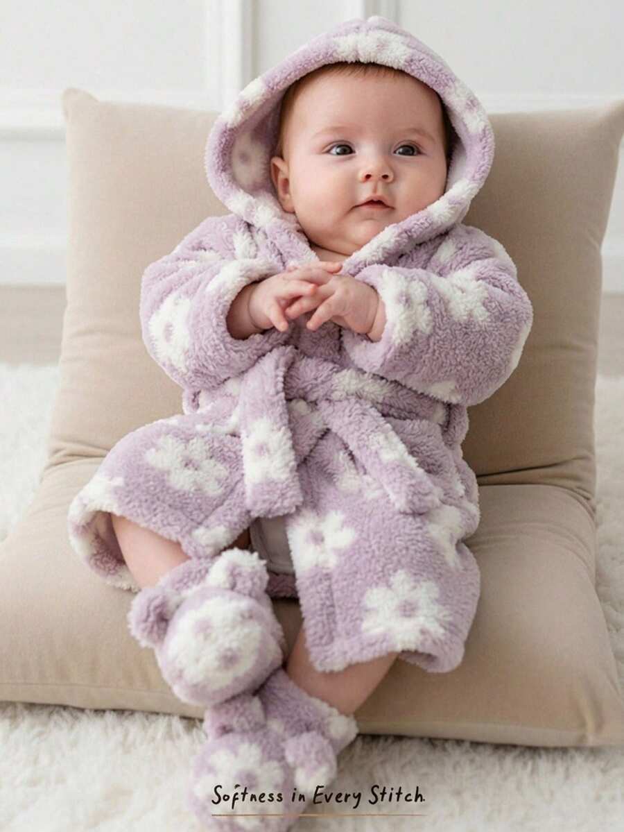 Cozy Pixies 新生兒男嬰女嬰卡通熊圖案保暖內裡加厚連帽長袖繫帶睡袍 秋冬款 - 淺灰紫 - 查看 1