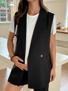 Dazy Maternity Solid Color Reversible Collar Sleeveless Vest Daily Wear Black Maternity Regular Outerwear Summer - Black - View 1