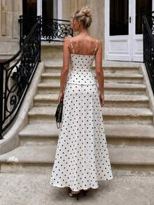 Cévolie French Polka Dot Floral Decor One-Shoulder High Waist Slimming Long Skirt - White - View 2