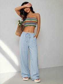 SHEIN PETITE Pantalones largos de unicolor, versátiles y holgados, para mujeres de talla pequeña - Azul - Ver 6