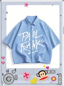 ROMWE MEN Paul Frank X ROMWE 男士夏季休閒格子卡通印花襯衫 - 藍色 - 查看 2