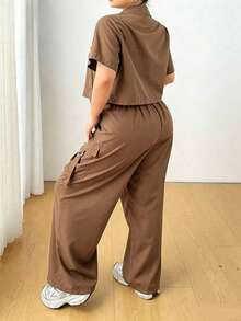 Flirla Plus Size Casual Utility Shirt And Pants Set With Sash - Khaki - View 2