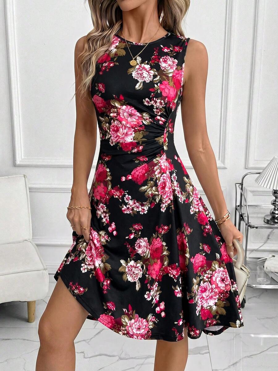 SHEIN Clasi 女款花卉印花百褶休閒派對洋裝 - 黑色 - 查看 1