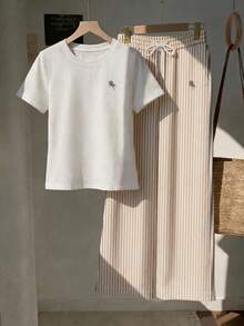 SHEIN EZwear 2pcs Set Embroidered Round Neck Short Sleeve Top And Striped Print Pants, Casual,Summer Outfits For Women - Khaki - View 4