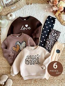 SHEIN Baby Girl 6pcs Knit Solid Color Leopard Print Letter Pattern Crew Neck Sweatshirt & Long Autumn Pants Set, Fleece Lined Thick , Suitable For Winter - Multicolor - View 1