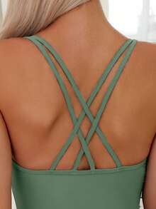 Swim Basics Solid Color Round Neck Fitted Minimalist Comfortable One-Piece Swimsuit, Suitable For Summer Daily Wear - Army Green - View 4