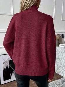 SHEIN LUNE 女款素色立領露肩休閒百搭日常長袖針織衫 - 中紫紅色 - 查看 3
