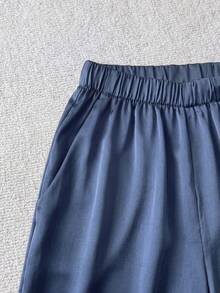 SHEIN LUNE 春夏休閒亮面緞面低腰女款寬腿長褲，適合極簡休閒通勤穿搭 - 藍色 - 查看 5