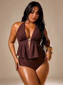 Auralis Plus Size Summer Beach Party Ruched Waist Buckle Swimsuit Set Outfits For Women Vacation Elegant Sexy Going Out - Brown - View 4
