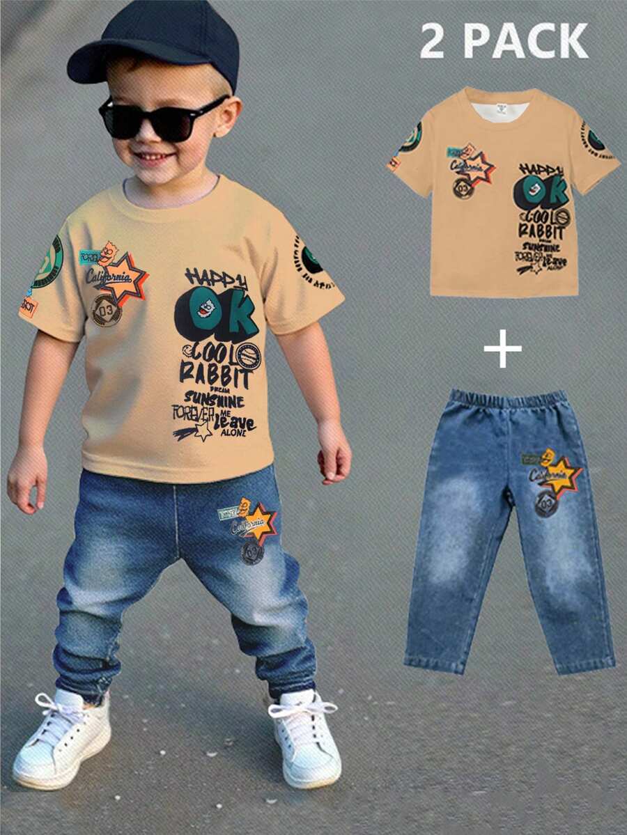 SHEIN Streecool Kids 两件套男孩条纹印花圆领T恤搭配水洗牛仔裤。牛仔口袋装饰T恤与水洗牛仔裤面料相得益彰,打造别具一格的穿搭。简约时尚的设计彰显男孩的个人魅力,适合日常休闲和校园穿着,四季皆宜。 - 杏色 - 查看 1