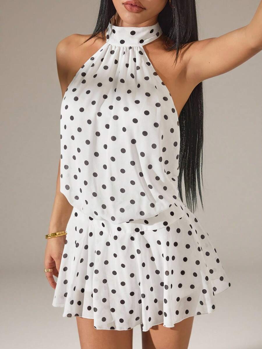 SHEIN PETITE 春夏棕色純色波點露背掛脖優雅不對稱下擺迷你超短辣妹洋裝,音樂節穿搭度假洋裝,適合嬌小女性 - 白色 - 查看 1