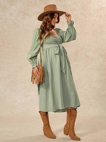 Boho Mama Maternity Solid Color Twisted Design Long Sleeve Elegant Maternity Casual Dress Beach Photoshoot Photoshoot Sage Green Autumn Fall - Green - View 9