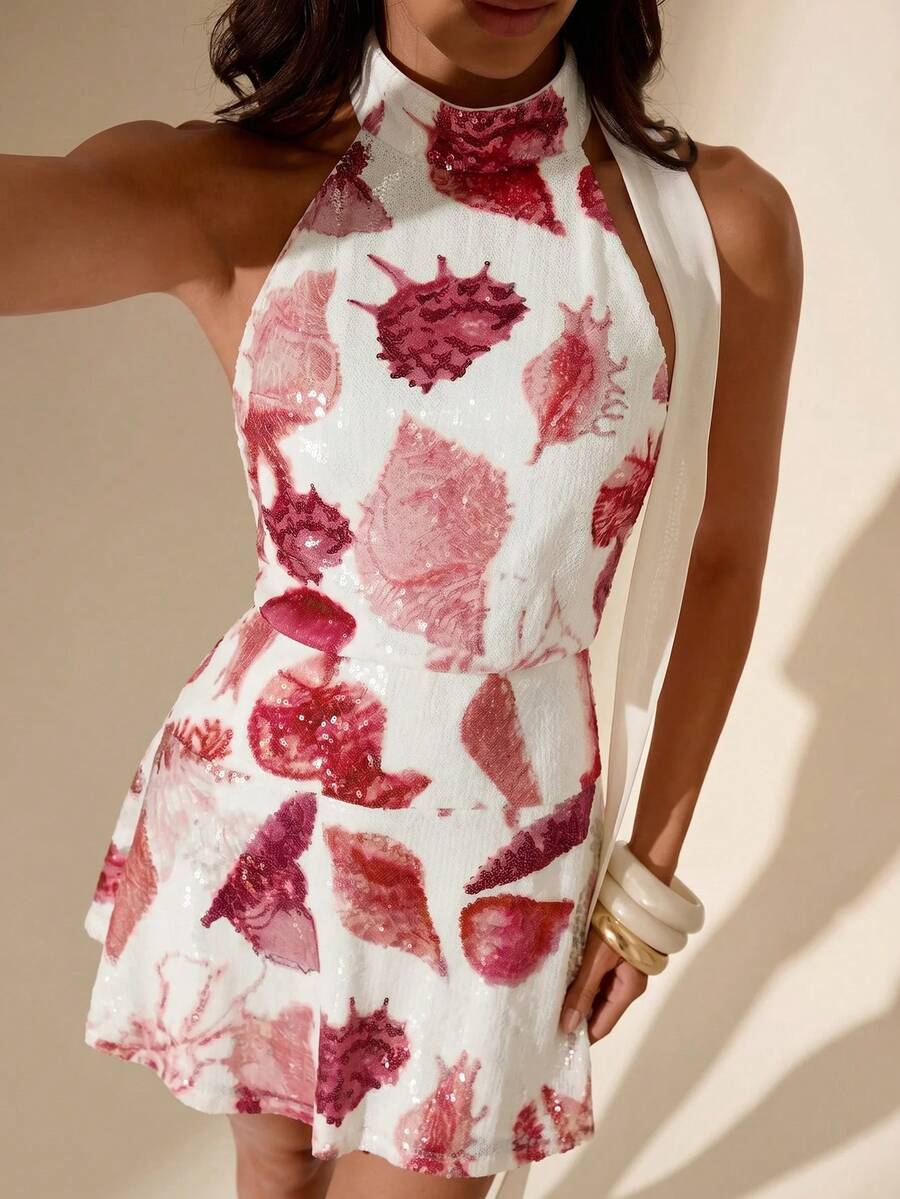 SHEIN Glamour 女款度假海灘貝殼亮片露背掛脖短洋裝 - 玫紅色 - 查看 1
