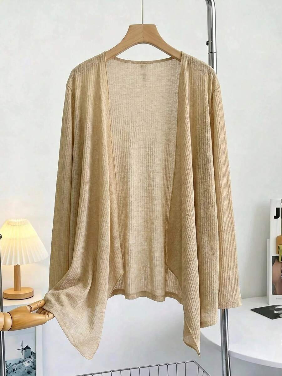 Gownix Long Sleeve Cardigan Autumn Sun Protection Shirt Essential Early Autumn Thin Outerwear Mid-Length Asymmetrical Shawl Office Tan Casual - Khaki - View 1