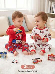 Cozy Pixies Piyama Bayi Laki-laki Pas Badan Motif Hewan Kartun Rajut Lembut Leher Bulat Lengan Pendek Atasan Pullover Pinggang Elastis Celana Pendek Pas Badan 2 Potong - Red and White - View 7
